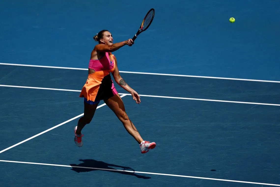 Tennis - Australian Open - Melbourne Park, Melbourne, Australia - January 25, 2026 Belarus' Aryna Sabalenka in action during her fourth round match against Canada's Victoria Mboko REUTERS/Tingshu Wang