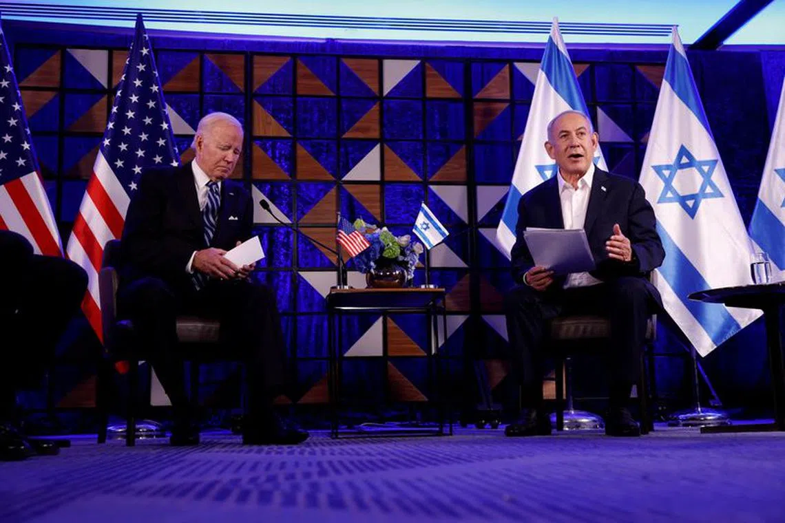 U.S. President Joe Biden meets with Israeli Prime Minister Benjamin Netanyahu, as he visits Israel amid the ongoing conflict between Israel and Hamas, in Tel Aviv, Israel, October 18, 2023. REUTERS/Evelyn Hockstein