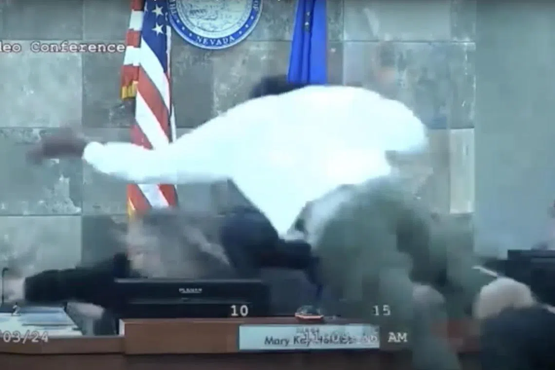 Deobra Redden launches himself at Judge Mary Kay Holthus during his sentencing hearing for attempted battery.