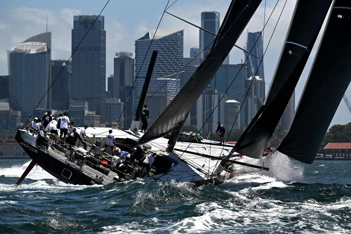 Australia's Wild Oats XI yacht competing in the SOLAS Big Boat Challenge in Sydney Harbour, on Dec 10, 2024.