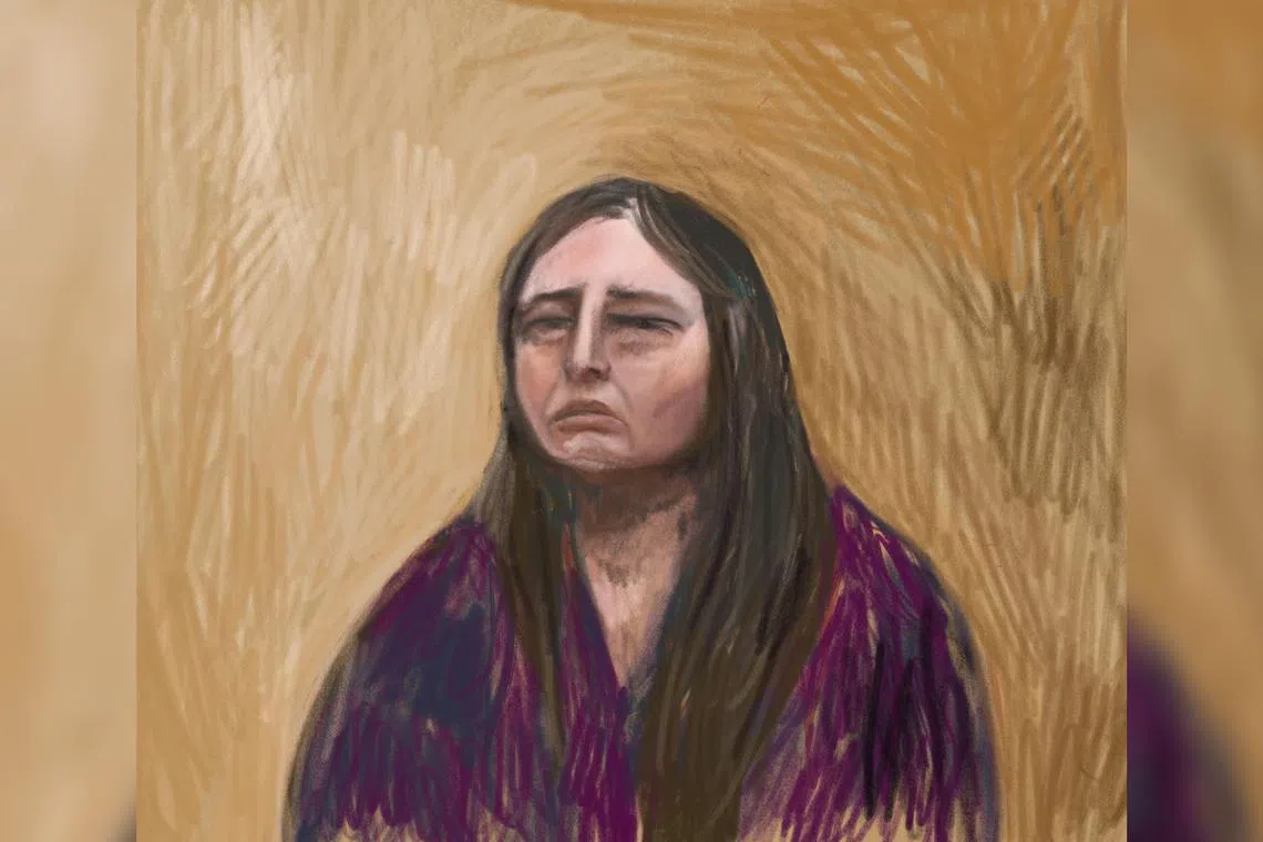 FILE PHOTO: A court sketch drawn from a video link shows Erin Patterson, an Australian woman accused of murdering three of her estranged husband's elderly relatives with a meal laced with poisonous mushrooms, appearing as a witness for her own defense, at the Latrobe Valley Magistrates' Court in Morwell, Australia, June 2, 2025. AAP/via REUTERS/File Photo