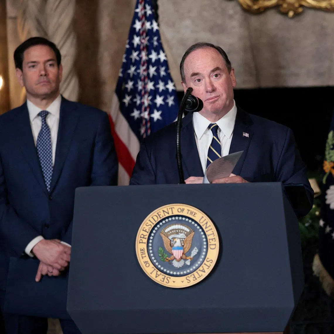US Secretary of the Navy John Phelan speaks, after President Donald Trump announced the Navy's \"Golden Fleet\", at Mar-a-lago in Palm Beach, Florida, U.S., December 22, 2025.