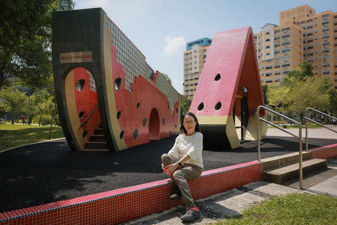 Ms Loy-Lee Kwee Wah at the watermelon shaped playground at Tampines Central Park, which she designed, on Sep 23, 2024.