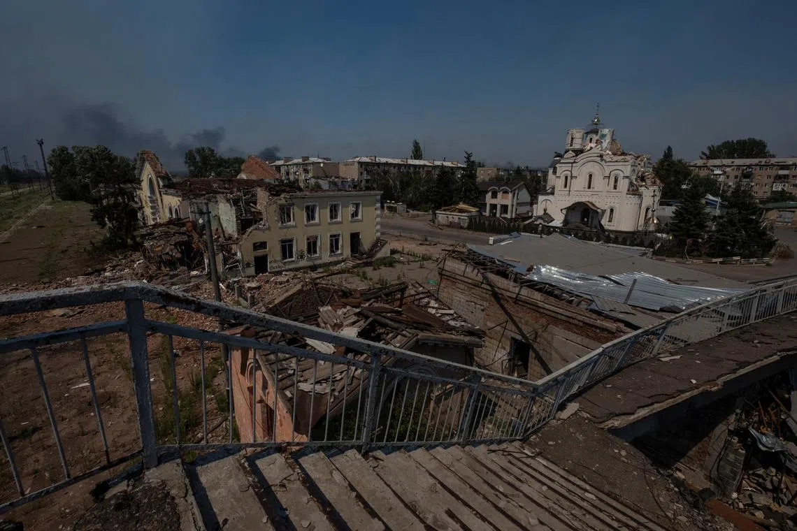 Buildings damaged by Russian strikes in the town of Kostiantynivka, in Ukraine's Donetsk region, on July 30.