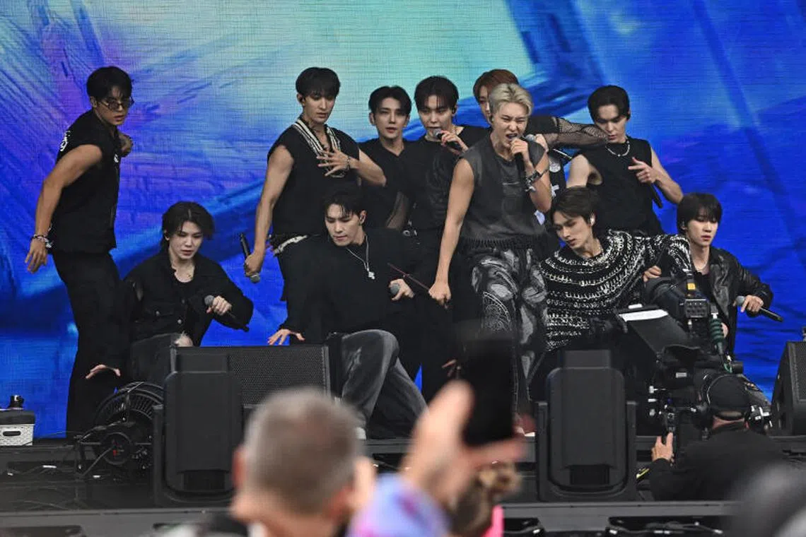 K-pop boy band Seventeen perform during the Glastonbury Festival near Glastonbury, Somerset, Britain on June 28, 2024. The band will perform in Singapore at the National Stadium on Jan 25 and 26, 2025.