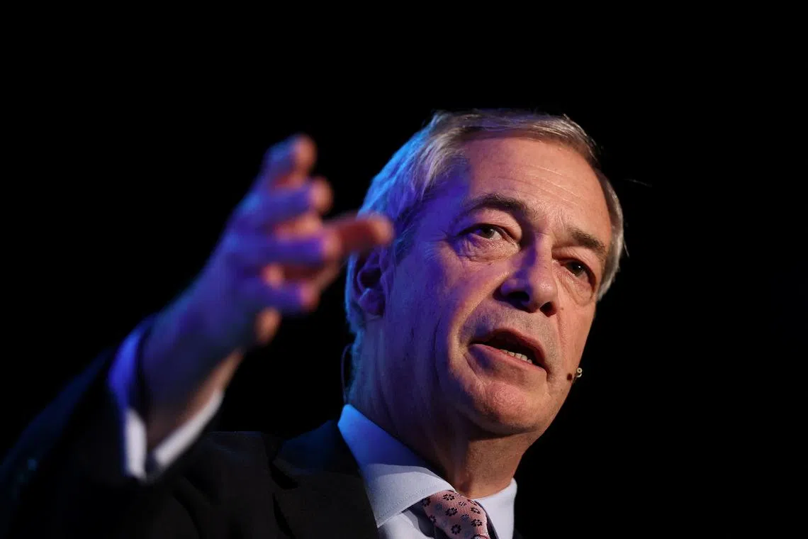 Nigel Farage, leader of Britain's Reform UK party speaks at a regional conference in Trowbridge, southern Britain, February 9, 2025. REUTERS/Toby Melville/ File Photo