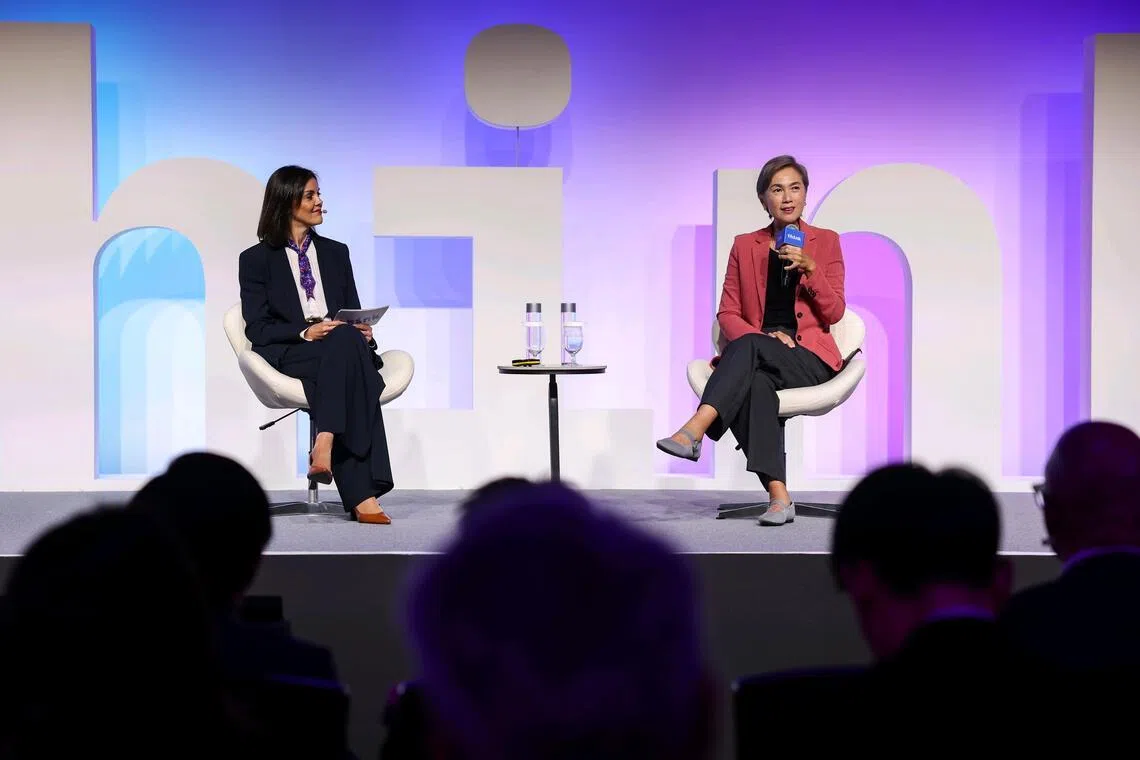 Minister for Digital Development Information Josephine Teo (right) speaking during a fireside chat with Ana Paula Assis, senior vice-president and chair of IBM Europe, Middle East, Africa and Asia Pacific, at IBM Think Singapore 2026 on July 21.