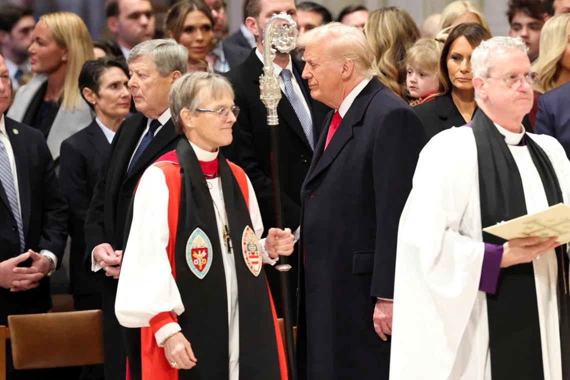 US President Donald Trump (centre, right) with Reverend Mariann Edgar Budde at the Washington National Cathedral, on Jan 21.