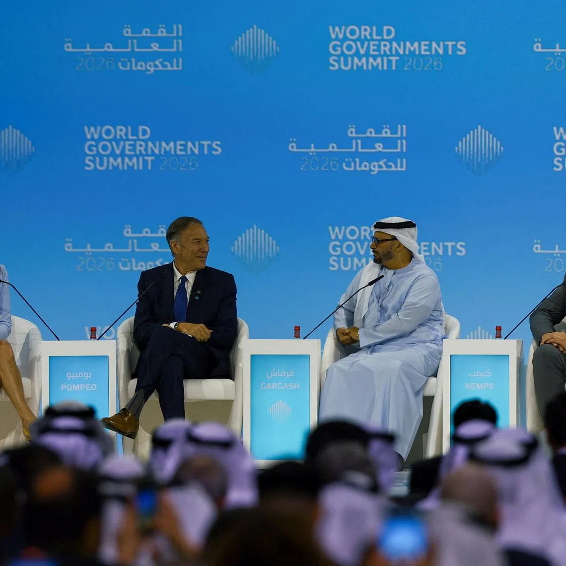 Former U.S. Secretary of State Mike Pompeo and Diplomatic advisor to the UAE president, Anwar Gargash attend the World Governments Summit, in Dubai, United Arab Emirates, February 3, 2026. REUTERS/Rula Rouhana