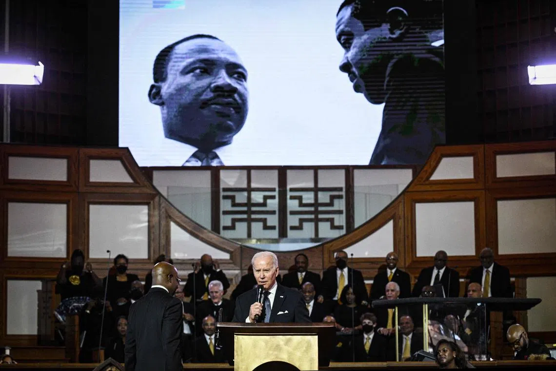 US President Joe Biden speaks at Ebenezer Baptist Church in Atlanta, Georgia, on the eve of the national holiday honouring late US civil rights leader Martin Luther King, Jr.