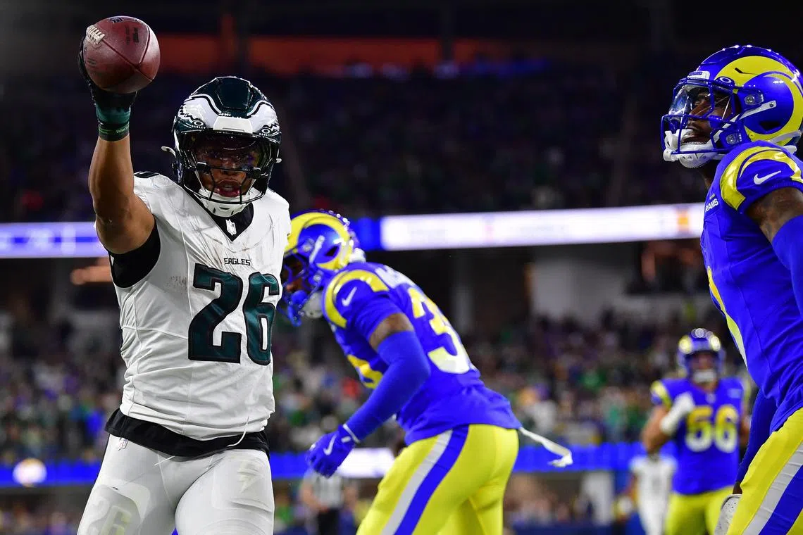 Nov 24, 2024; Inglewood, California, USA; Philadelphia Eagles running back Saquon Barkley (26) reacts after getting first down against the Los Angeles Rams during the second half at SoFi Stadium. Mandatory Credit: Gary A. Vasquez-Imagn Images/ File Photo