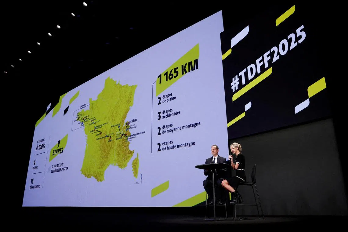 Tour de France general director Christian Prudhomme and director of the Tour de France Femmes, Marion Rousse present the map of Tour de France Femmes.