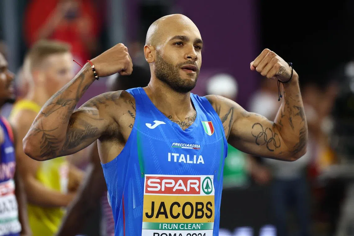 Athletics - European Athletics Championships - Stadio Olimpico, Rome, Italy - June 8, 2024 Italy's Lamont Marcell Jacobs celebrates winning the men's 100m final REUTERS/Kai Pfaffenbach