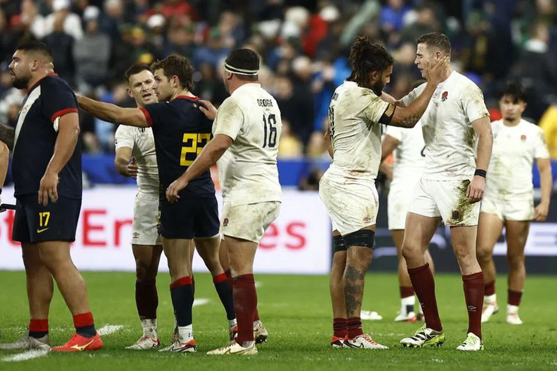 Rugby Union - Rugby World Cup 2023 - Third Place Play-Off - Argentina v England - Stade de France, Saint-Denis, France - October 27, 2023 England's Lewis Ludlam with teammates after the match REUTERS/Christian Hartmann
