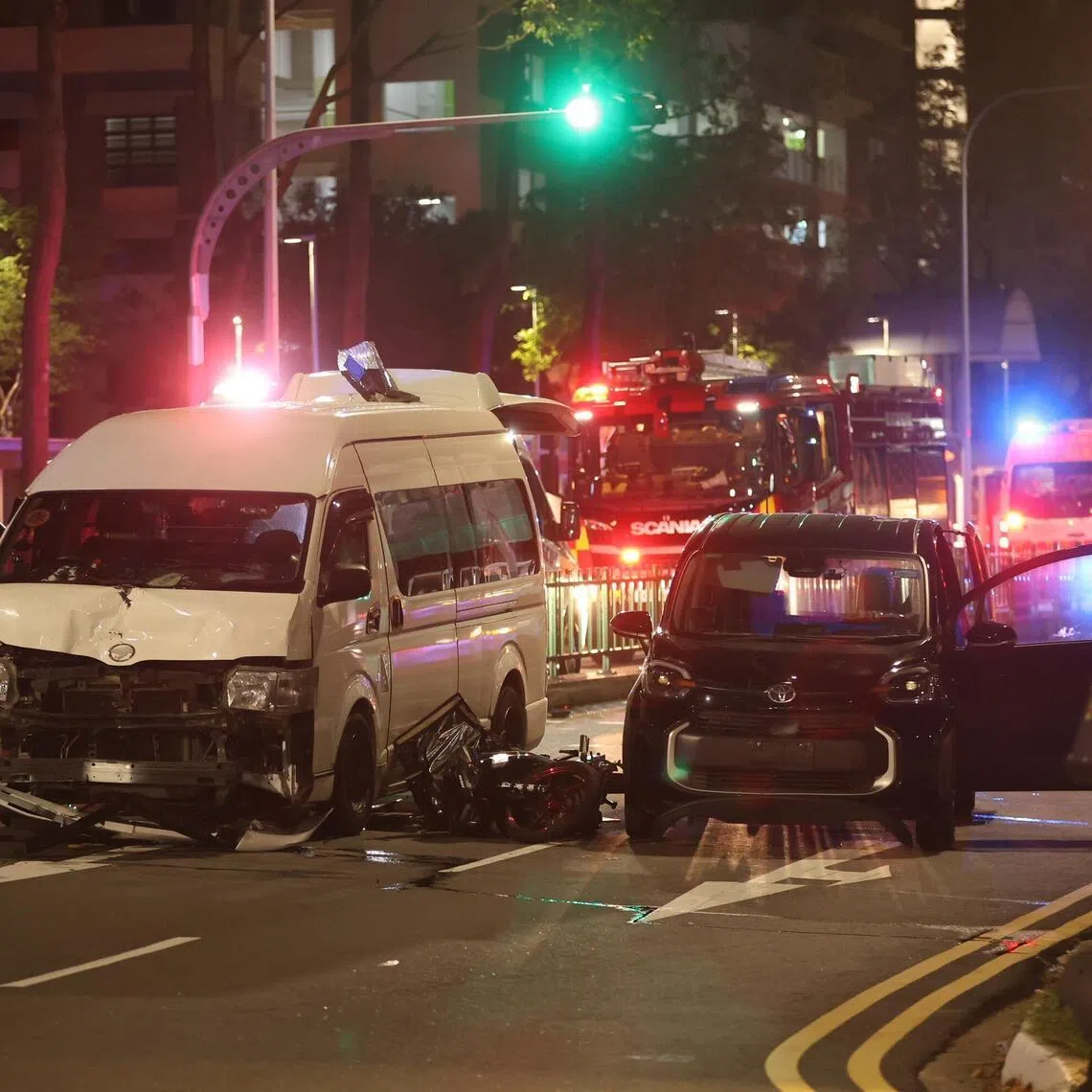 The accident involved a van, a car and a motorcycle. 