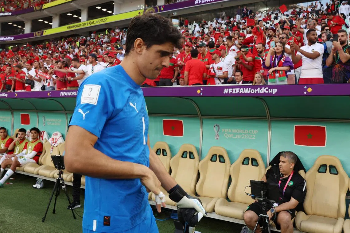 Morocco's Yassine Bounou as he is removed from the starting line up before the match.
