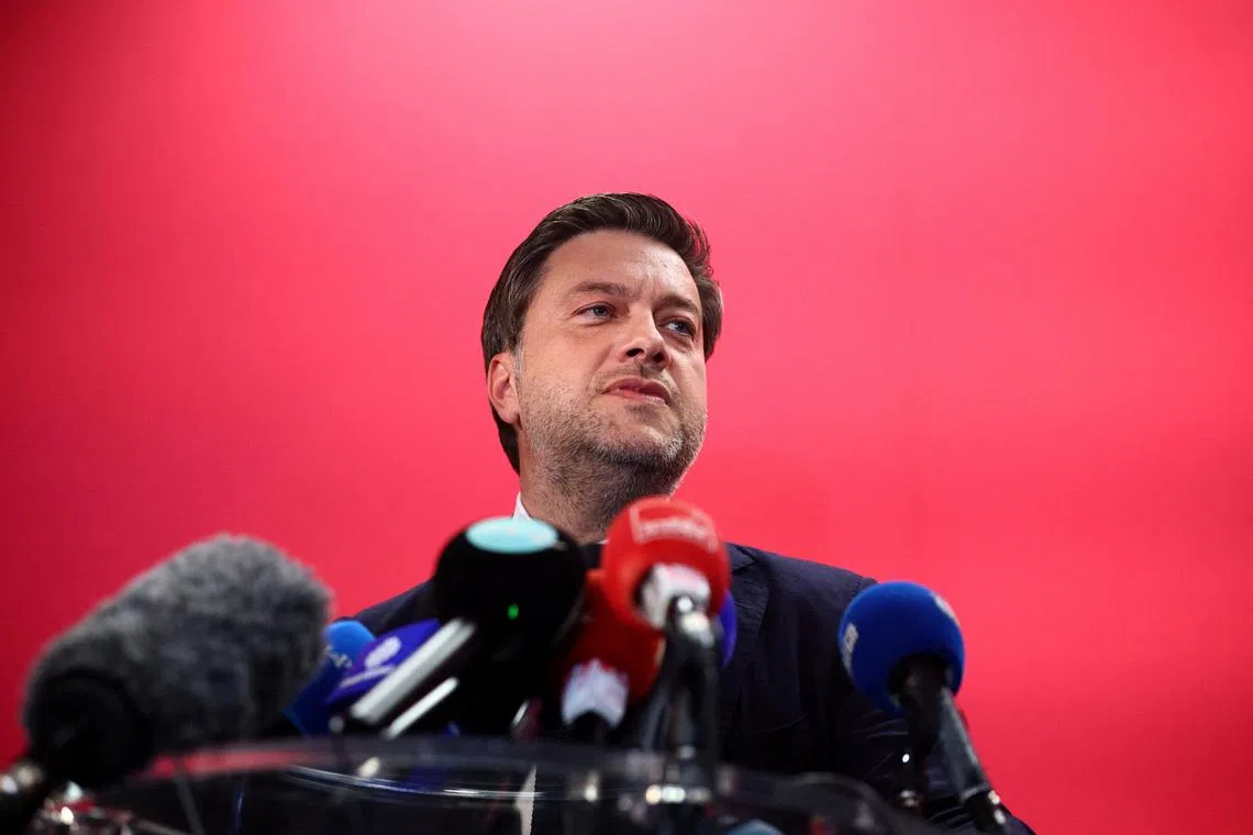Marseille Mayor Benoit Payan, candidate for his re-election and supported by the left wing parties,  delivers a speech after early results suggested he won the second round of the French mayoral election in Marseille, France, March 22, 2026. REUTERS/Manon Cruz