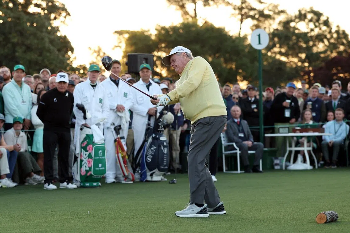 Golf - The Masters - Augusta National Golf Club, Augusta, Georgia, U.S. - April 9, 2026 Jack Nicklaus of the U.S. hits his tee shot during the ceremonial tee off REUTERS/Mike Segar