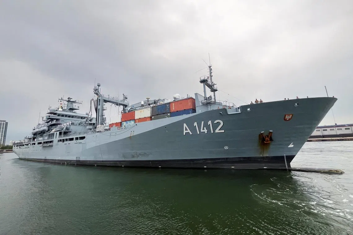 The German navy replenishment ship Frankfurt am Main enters port in Incheon, as part of a two-ship cruise through the Indo-Pacific, South Korea September 6, 2024. REUTERS/Josh Smith