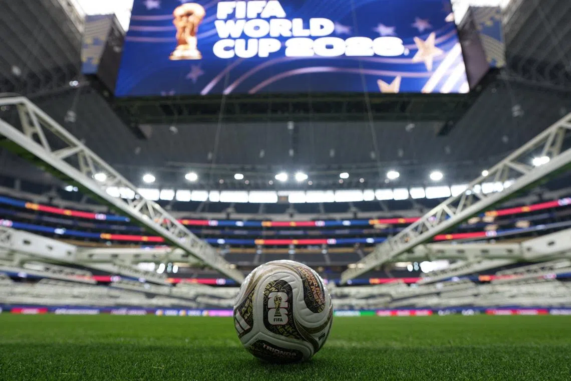 The new adidas Trionda Final ball, the official match ball for the semi-finals, the third-place play-off and final of the 2026 FIFA World Cup, on the pitch at Dallas Stadium, Arlington, Texas, U.S., July 12, 2026.  REUTERS/Leonardo Benassatto