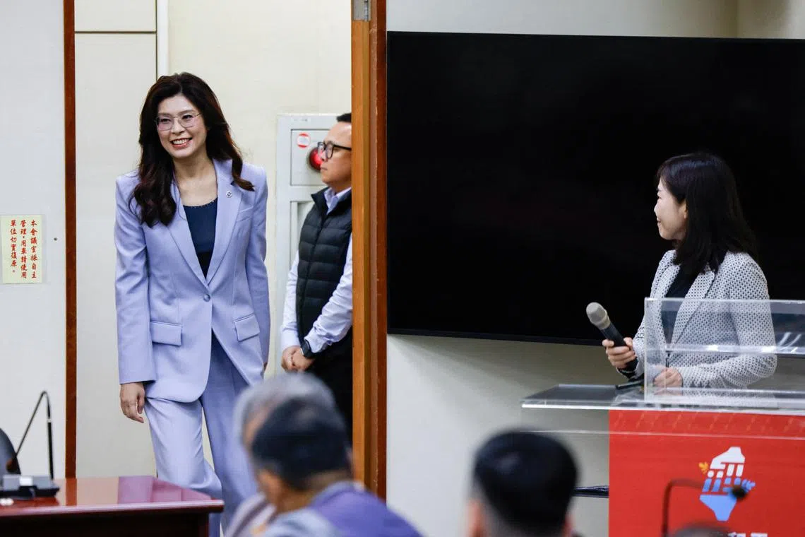 Kuomintang chairwoman Cheng Li-wun arrives to speak to the media ahead of her trip to China, in Taipei, Taiwan, on April 7.
