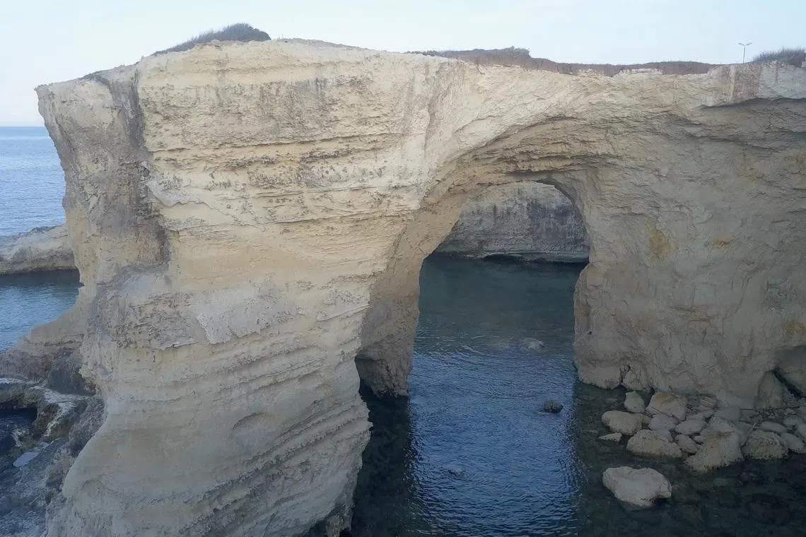 A drone view of the Torre Sant'Andrea (known as the Love Arch), in Lecce, Italy, May 23, 2017, in this screengrab obtained from social media. Aerialpictures.it/via REUTERS