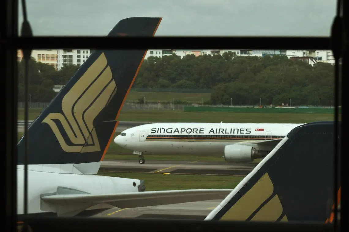 Singapore Airlines (SIA) aeroplanes taken from Changi Airport Terminal 3 on Feb 12, 2020. 