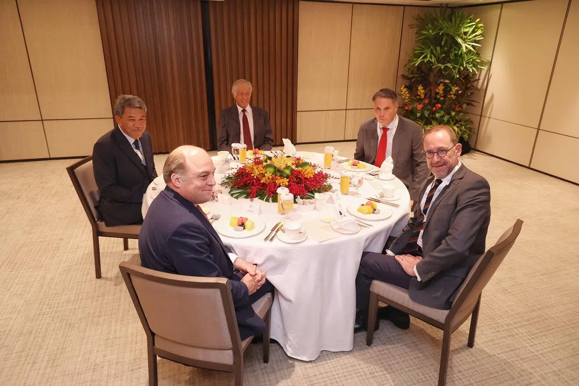 (Clockwise from top) Defence Minister Ng Eng Hen, Australian Defence Minister Richard Marles, New Zealand Defence Minister Andrew Little, British defence secretary Ben Wallace and Malaysian Defence Minister Mohamad Hasan.