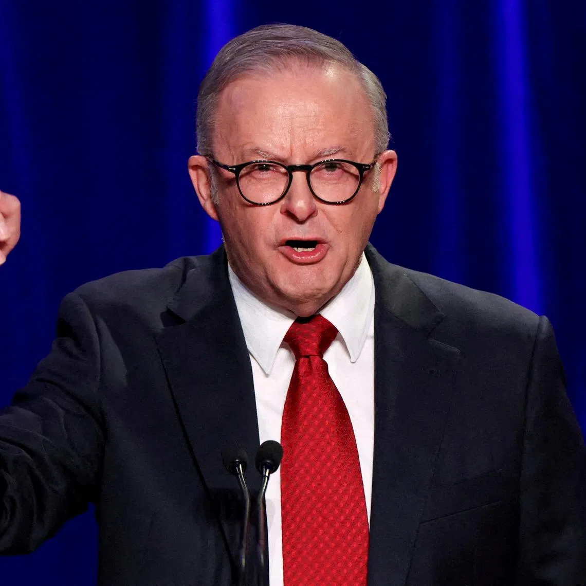 FILE PHOTO: Australia's Prime Minister Anthony Albanese speaks at a Labor party election night event, after local media projected the Labor Party's victory, on the day of the Australian federal election, in Sydney, Australia, May 3, 2025. REUTERS/Hollie Adams/File Photo