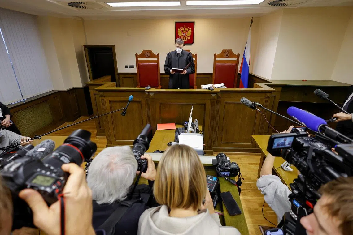 Mr Oleg Nefedov, a judge of Russia’s Supreme Court, reads out the verdict designating LGBT activists as extremists”.