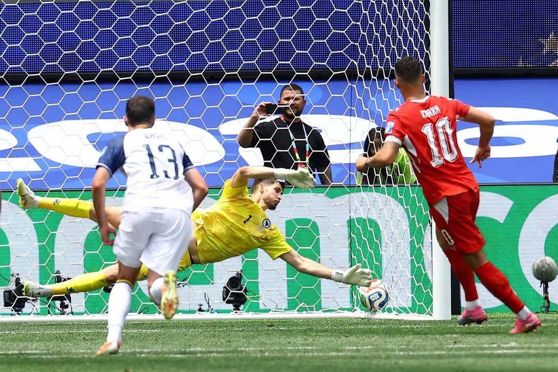 Soccer Football - FIFA World Cup 2026 - Group B - Switzerland v Bosnia and Herzegovina - Los Angeles Stadium, Inglewood, California, U.S. - June 18, 2026 Switzerland's Granit Xhaka scores their fourth goal from the penalty spot REUTERS/Lisi Niesner