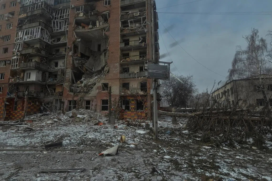 FILE PHOTO: A view shows an apartment building damaged by Russian military strikes, amid Russia's attack on Ukraine, in this picture taken from the window of an armoured vehicle, in Pokrovsk, Donetsk region, Ukraine February 7, 2025. REUTERS/Oleksandr Klymenko/File Photo