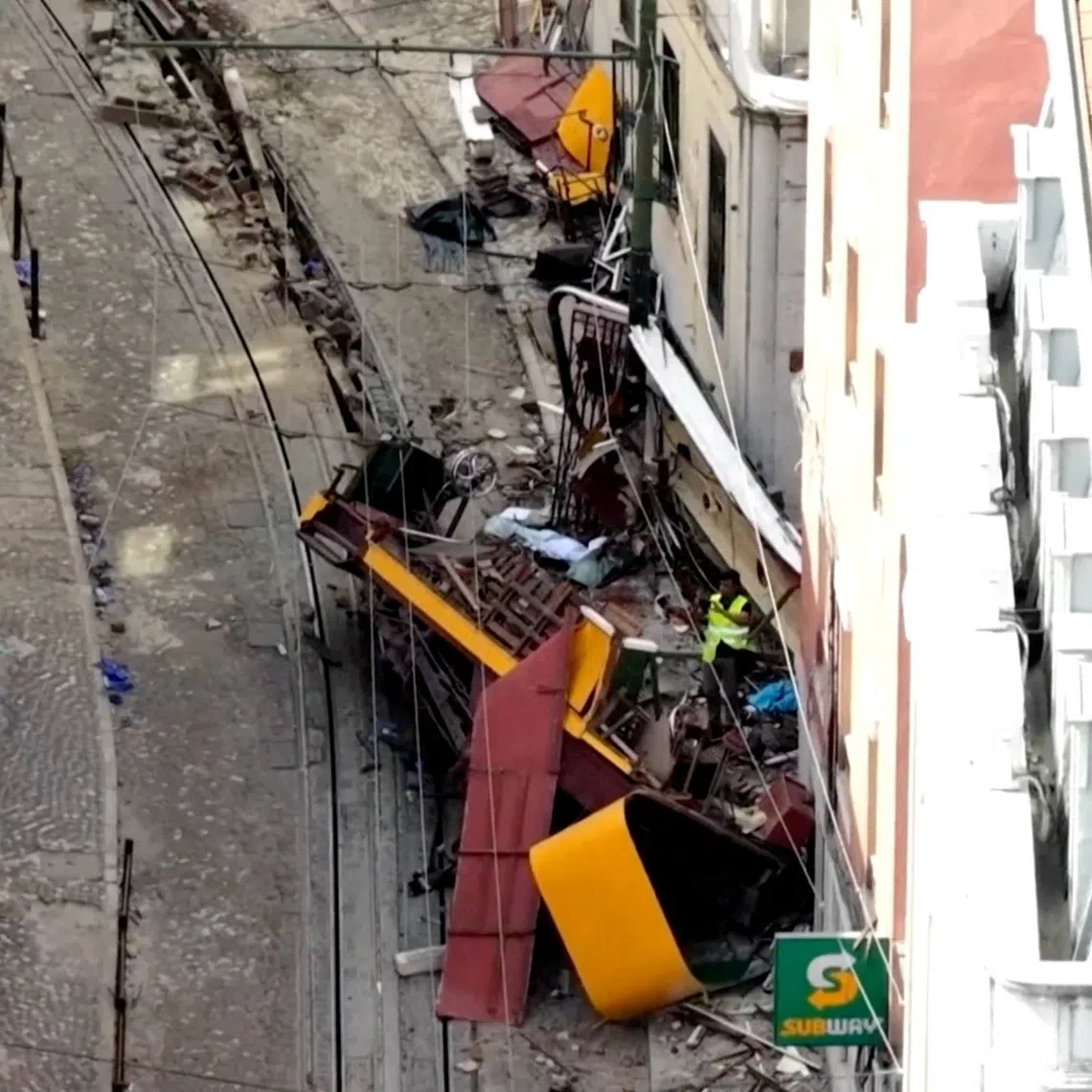 FILE PHOTO: A drone view shows the site of the accident after Gloria Funicular railway car, a popular tourist attraction, derailed and crashed, resulting in multiple casualties, according to authorities, in Lisbon, Portugal, September 4, 2025. REUTERS TV/via REUTERS/File Photo
