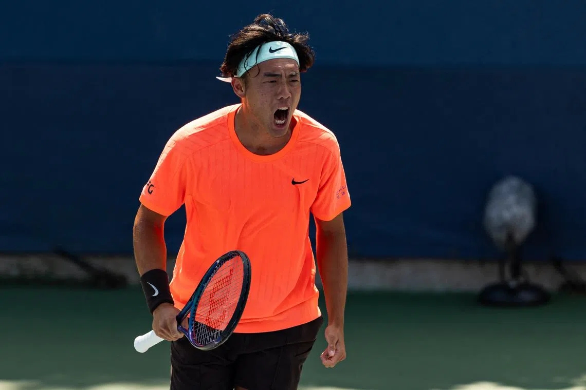 Aug 25, 2025; Flushing, NY, USA; Coleman Wong of Hong Kong, China in action against Aleksandar Kovacevic of the United States in the first round of the men’s singles at the US Open at Billie Jean King National Tennis Centre. Mandatory Credit: Mike Frey-Imagn Images