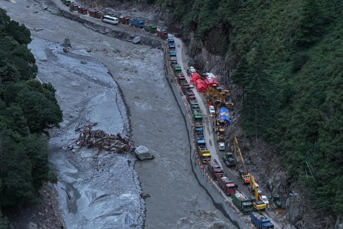 Excavators and rescue equipment at the core disaster-hit area at Gyirong Port following the Aug 26 mudslide, in Tibet, China.
