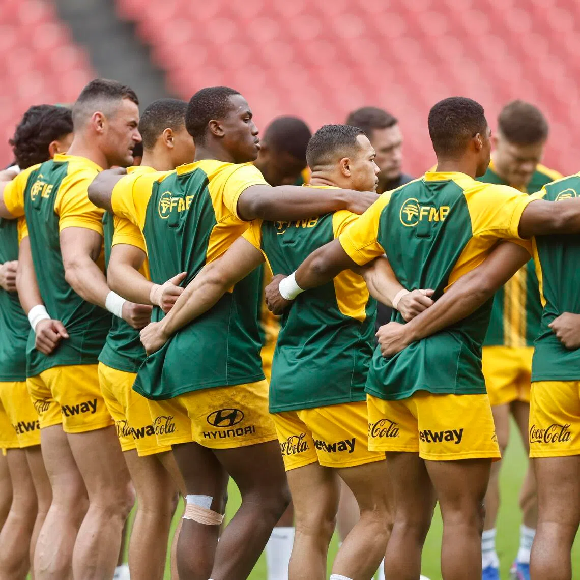 The South Africa rugby team huddling during a training session on June 17 ahead of their exhibition match against the Barbarians on June 20, when the Springboks ran out 80-31 winners. 