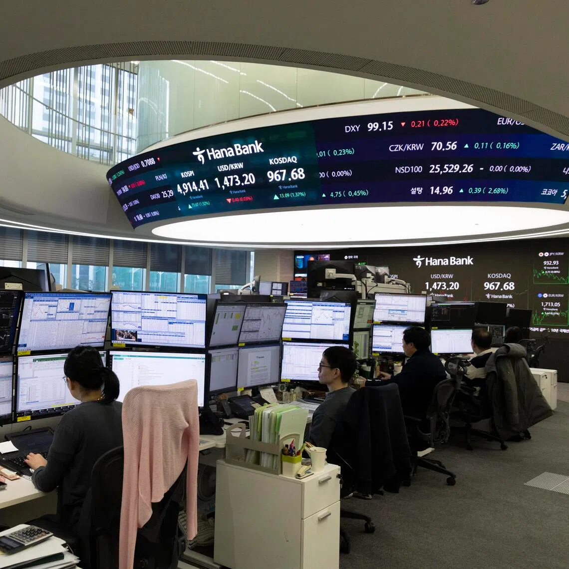 Traders work at Hana Bank in Seoul, South Korea, on Jan 19, 2026.
