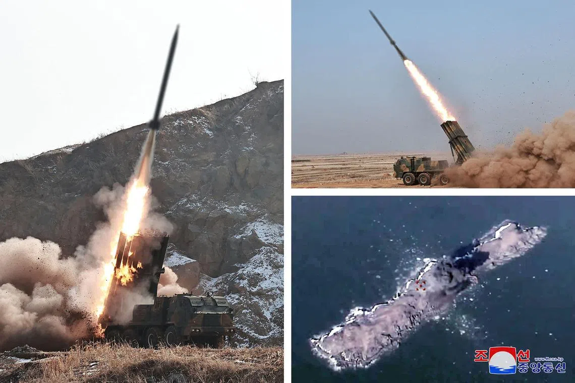 This combination of pictures taken on Feb 11, 2024 and released from North Korea's official Korean Central News Agency (KCNA) on Feb 12 shows The Academy of Defence Science conducting a ballistic control test firing of a 240 mm-caliber controllable multiple rocket launcher, at an undisclosed location in North Korea. 