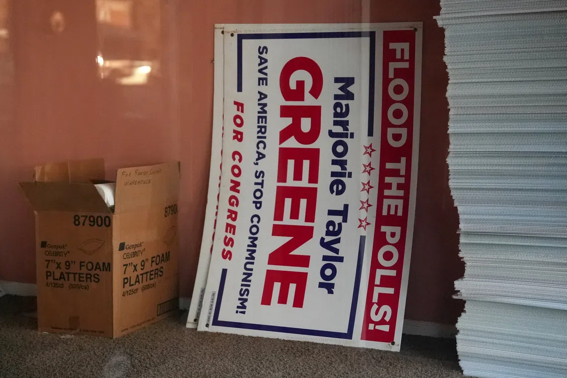 A Marjorie Taylor Greene campaign sign inside a closed republican office in downtown Rome, Georgia, U.S., November 18, 2025. REUTERS/Jayla Whitfield-Anderson