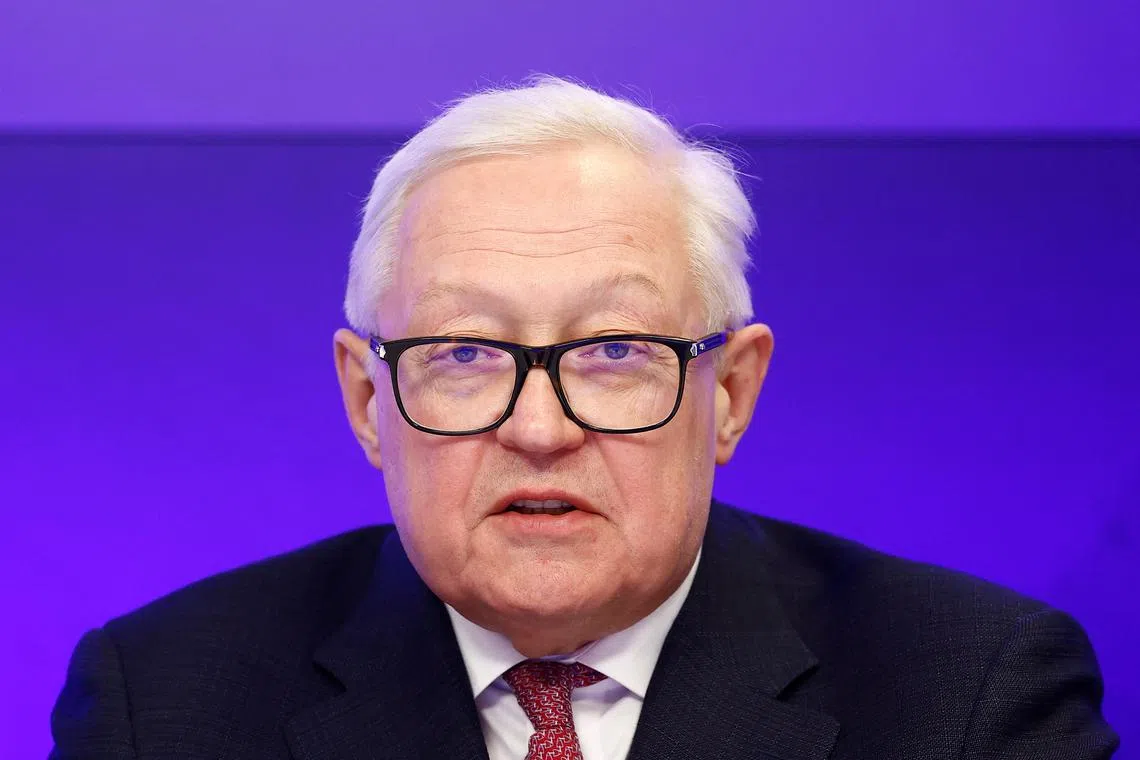 FILE PHOTO: Russia's Deputy Foreign Minister Sergei Ryabkov speaks during a press conference in Moscow, Russia February 10, 2025. REUTERS/Maxim Shemetov/File Photo
