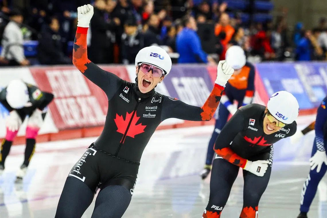 Nov 23, 2025; Calgary, Alberta, CANADA; Ivanie Blondin of Canada reacts as she wins in the women's mass start during the ISU Speedskating World Cup at Calgary Olympic Oval. Mandatory Credit: Sergei Belski-Imagn Images
