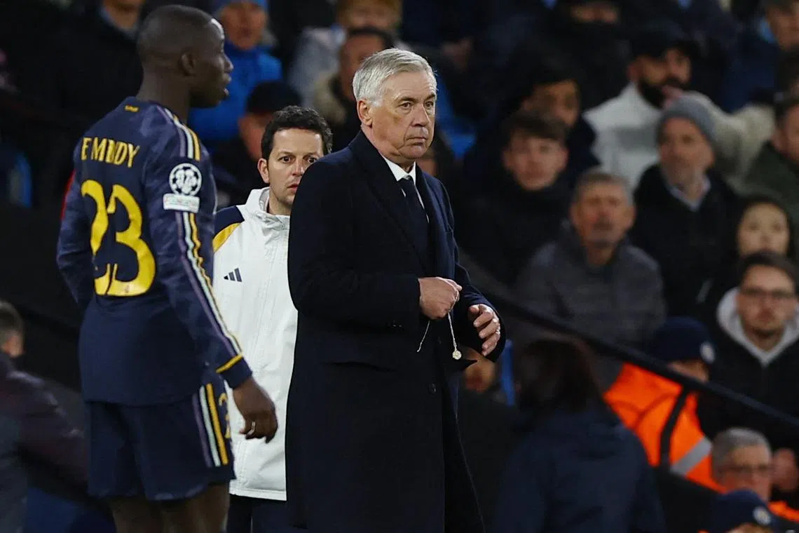 Soccer Football - Champions League - Quarter Final - Second Leg - Manchester City v Real Madrid - Etihad Stadium, Manchester, Britain - April 17, 2024 Real Madrid coach Carlo Ancelotti looks on REUTERS/Molly Darlington