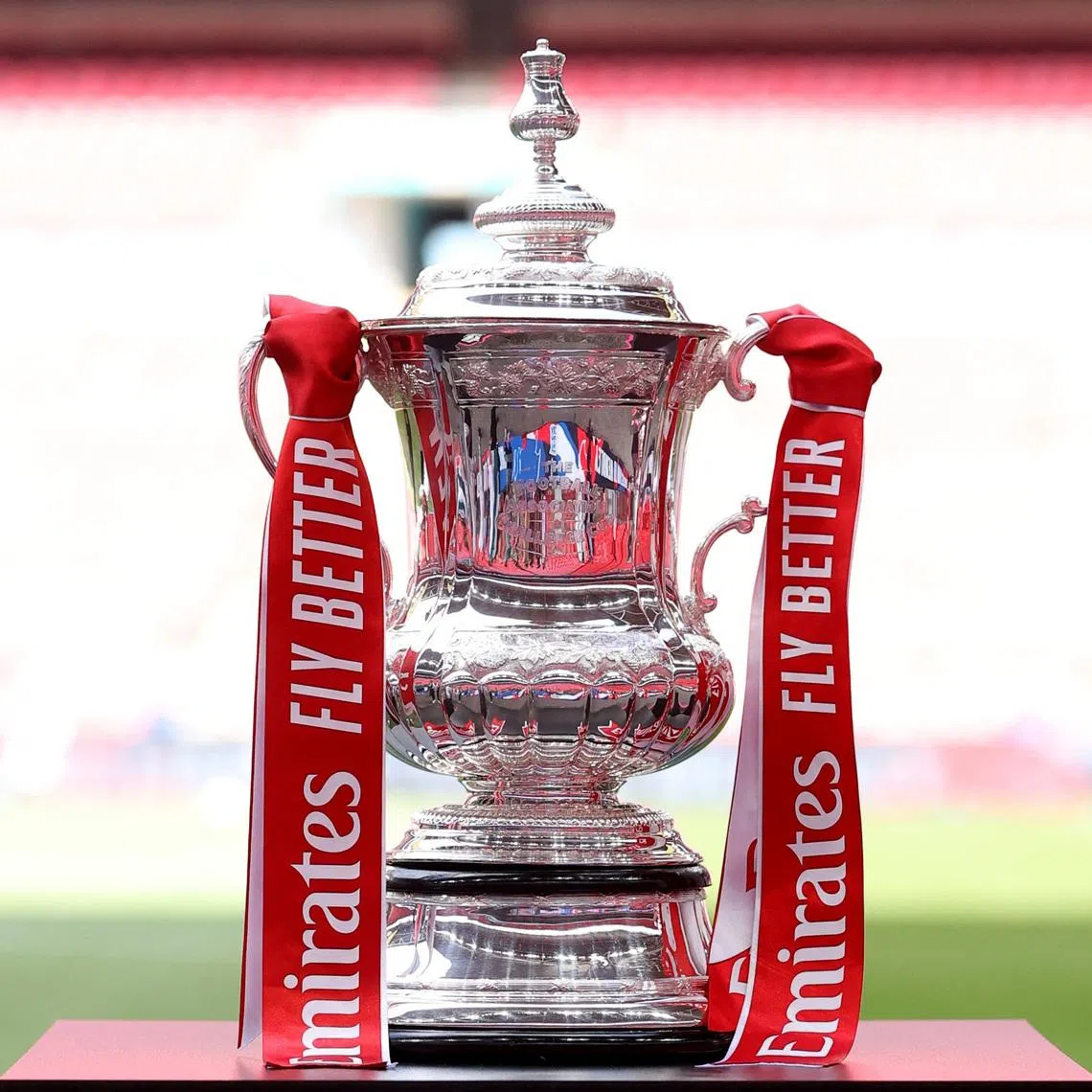 General view of the FA Cup trophy on display inside the stadium before a match. Wembley Stadium, London, Britain - August 10, 2025.  REUTERS/Toby Melville