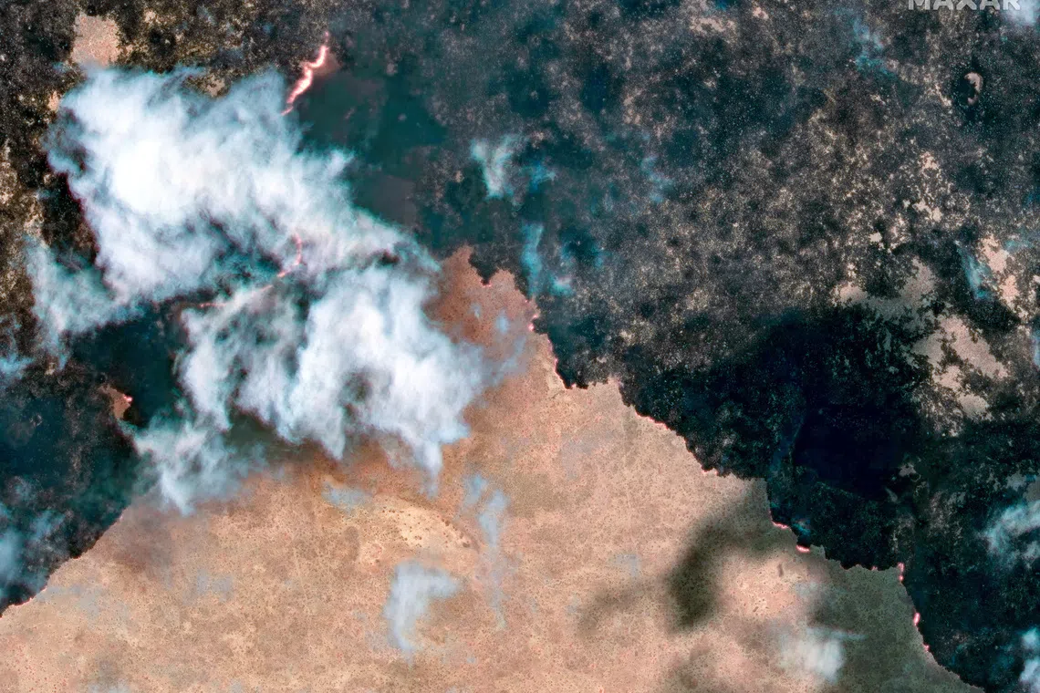 A satellite image shows an overview of Namibia, where wildfires have scorched over a third of Etosha National Park, September 26, 2025. Maxar Technologies/Handout via REUTERS