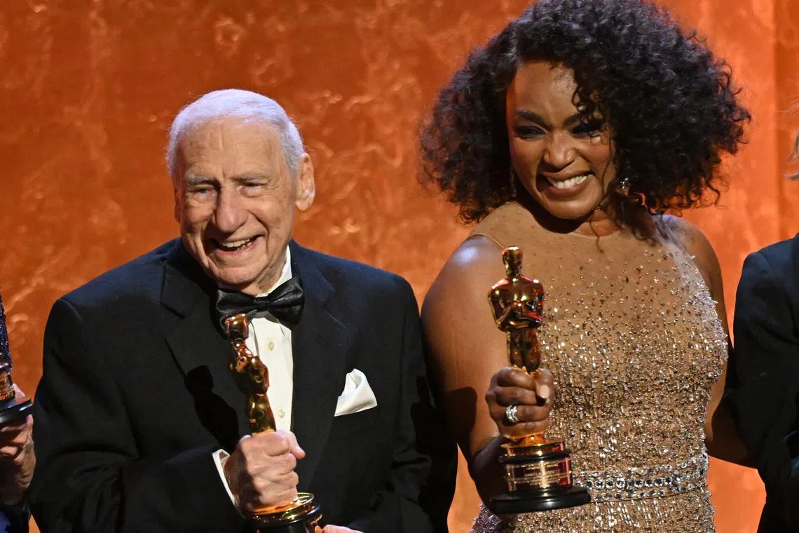 American actress Angela Bassett (right) and American comic and filmmaker Mel Brooks during the Governors Awards on Jan 9.