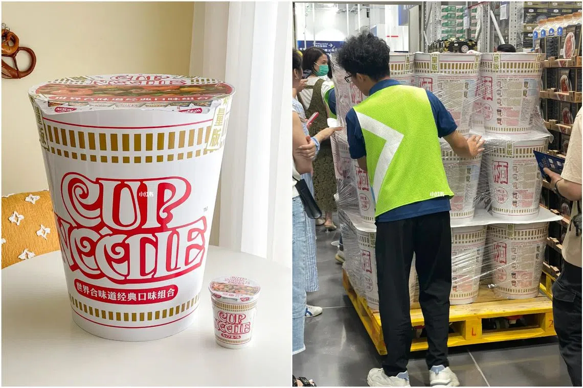Each bucket has a height of 45cm and contains 24 regular-sized cup noodles with different flavours.