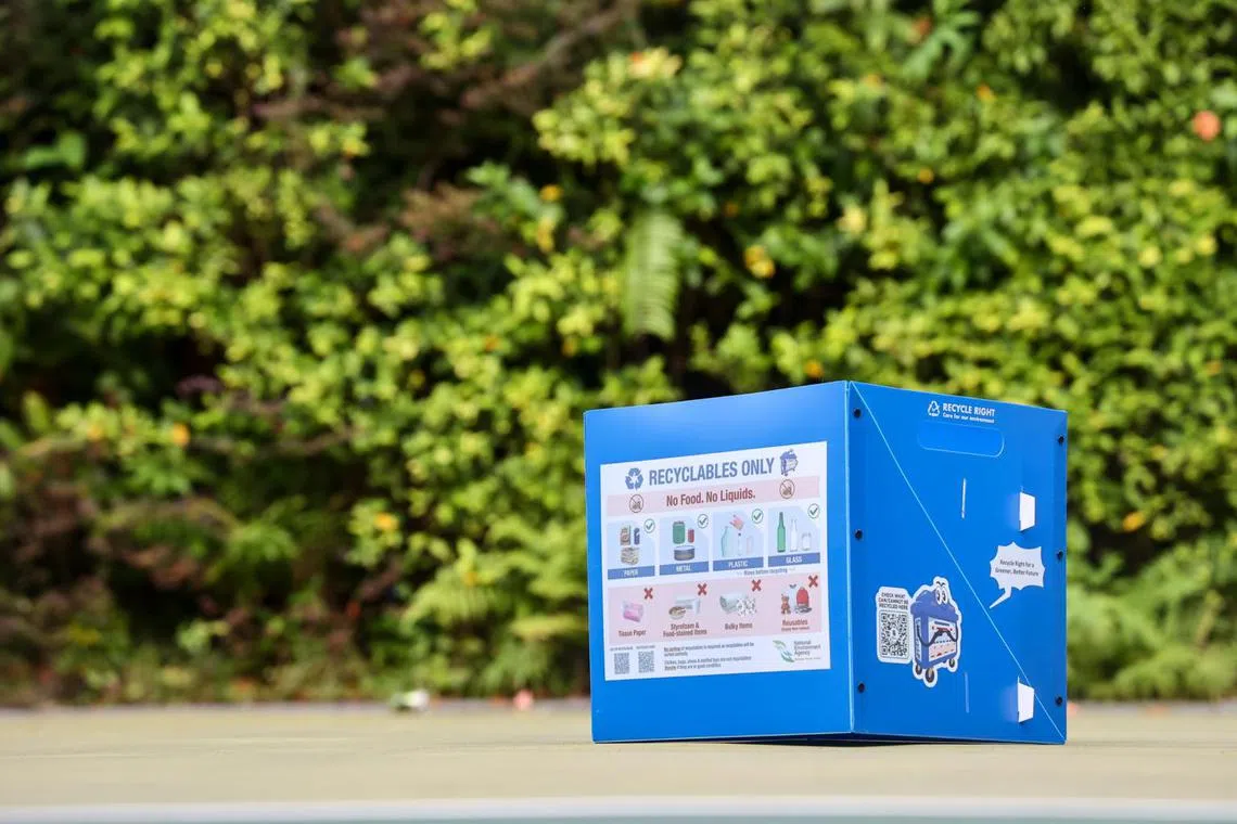 Every residential household in Singapore can collect a home recycling box, known as Bloobox, to hold recyclable items at home.
