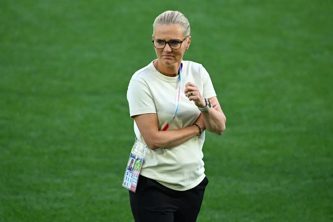Soccer Football - UEFA Women's Euro 2025 - Group D - England v Wales - Arena St. Gallen, St. Gallen, Switzerland - July 13, 2025 England manager Sarina Wiegman on the pitch before the match REUTERS/Annegret Hilse