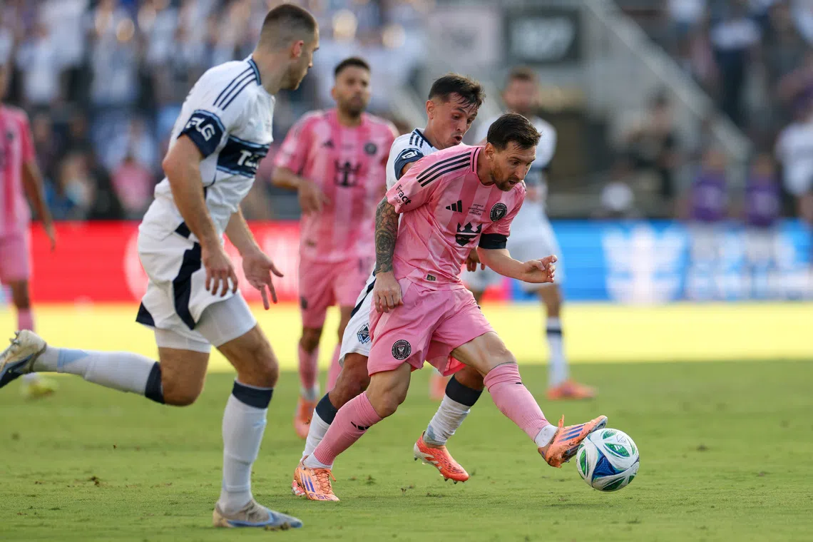 Dec 6, 2025; Fort Lauderdale, Florida, USA; Inter Miami forward Lionel Messi (10) kicks the ball against the Vancouver Whitecaps FC in the second half during the 2025 MLS Cup at Chase Stadium. Mandatory Credit: Nathan Ray Seebeck-Imagn Images
