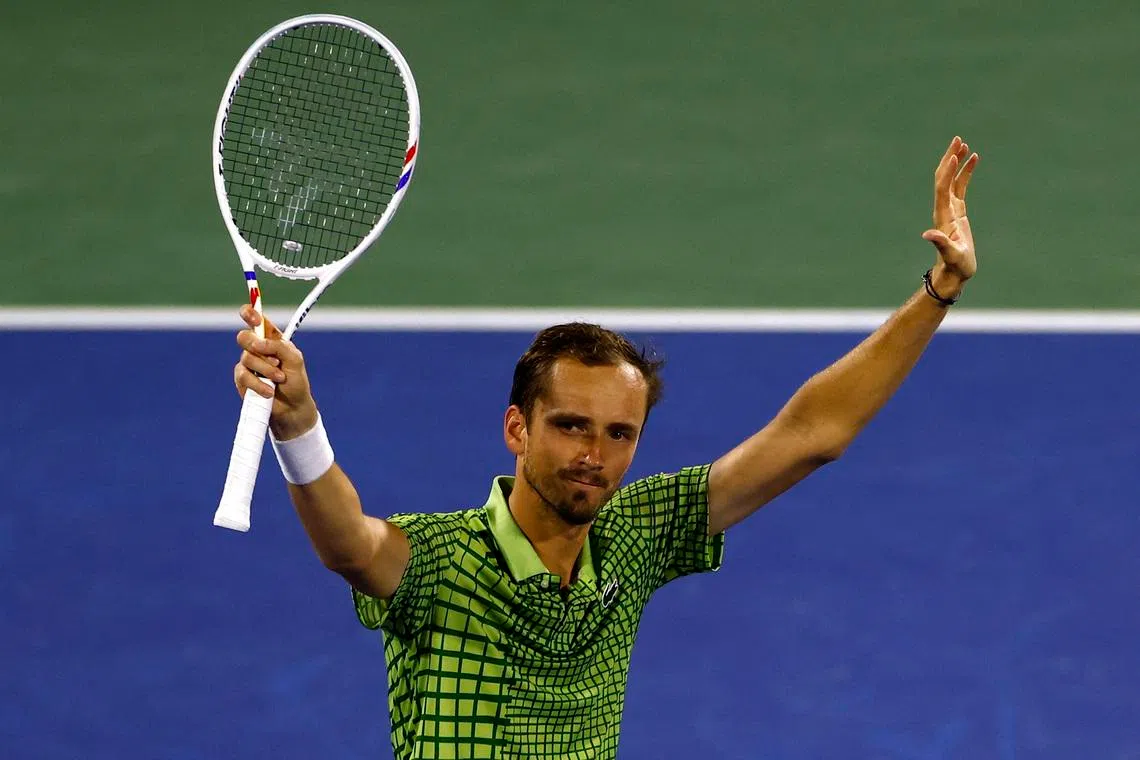 Tennis - ATP 500 - Dubai Championships - Dubai Tennis Stadium, Dubai, United Arab Emirates - February 27, 2026 Russia's Daniil Medvedev celebrates after winning his semi final match against Canada's Felix Auger Aliassime REUTERS/Rula Rouhana